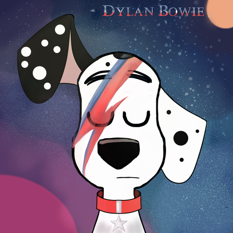 Dylan Dalmatian form 101 Dalmatian Street in an album parody of David Bowie's "Aladdin Sane"
