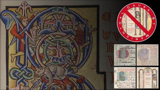 Titelbild zum Blogbeitrag "Die Klosterbibliothek St. Marienthal"; zu sehen sind schmuckvolle Bilder wertvoller Handschriften aus dem Bestand der Klosterbibliothek.