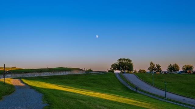 Day moon over Plains of Abraham Old Quebec, Quebec City Canada at sunset golden hour