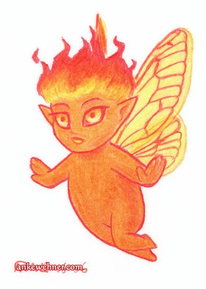 A small and round fire fairy. It is humanoid, orance, with big yellow eyes with red scelera, two pairs of yellow wings with red veins based on those of a cicada, and has flames instead of hair.