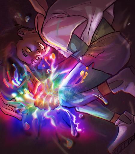 A young man floating in a dark nebulous space, a smile on his face clutching a sparking amorphous glowing energy slipping through his fingers. He is in a loose foetal position, his clothes billowing from the waves of magical energy.