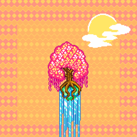 Pixel art of a World Tree. The tree is sitting on top of the Earth as a large waterfall pours off of it downwards. There is a sun at the top right and a diamond pattern repeating in the background.
