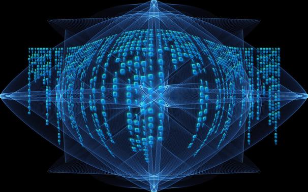 blue fractal with binary code sphere