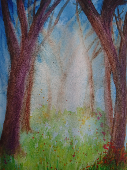 A sort of clearing or path in a forest. Various layers of trees fading into the background, with a radiant / glowing, misty?, clearing or portal in the centre of it all.
The trees in the front have a bit of a purple glow to their trunks and branches.
Bright and darker green grass patches are spiraling from the foreground into the background, around the centre. Various flowers are present in coloured splotches of various sizes.
The sky is a vibrant Prussian blue with white glowing patches and strokes of distant branches and clouds.