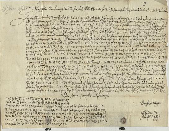 Schreiben auf Papier in einer Schrift des 17. Jahrhunderts, in der ersten Zeile etwas abgesetzt die Anrede, dann ein Textblock, davon der mittlere Teil chiffriert. Unter der Unterschrift ist ein weiterer Textblock ergänzt, der komplett aus Code besteht.