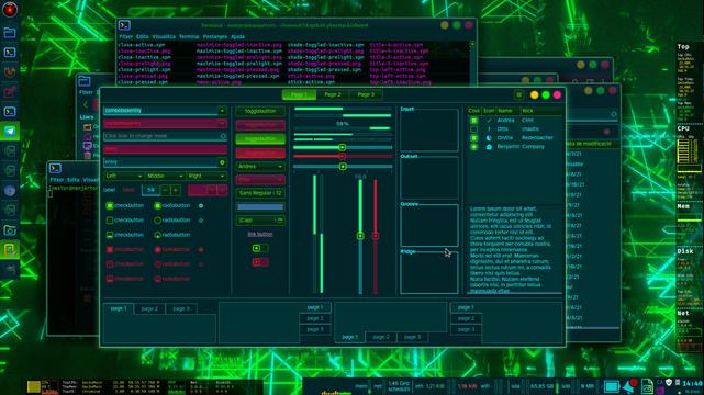 View of a desktop with CyberHack theme. It's a dark theme with cyan, green and teal accents. Disabled elements are clearly distinguishable because of their strong reddish tint.