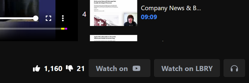 The same video, but the focus is on the Watch on YouTube, Watch on LBRY, and Audio buttons.