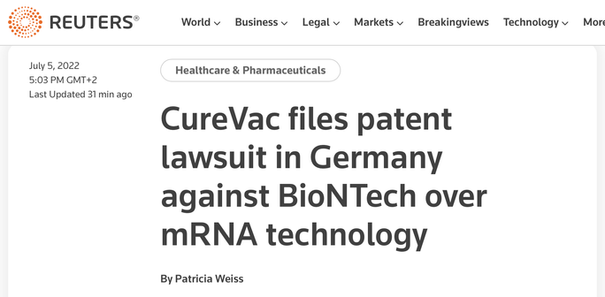 Reuters headline on CureVac patent lawsuit against BioNTech