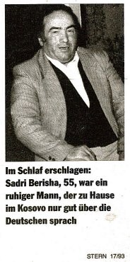 Foto von Sadri Berisha in einem hellen Jacket, dunkler Weste und weißem Hemd. Untertitel:  Im Schlaf erschlagen: Sadri Berisha, 55. Er war ein ruhiger Mann, der zu Hause im Kosovo nur gut über die Deutschen sprach.