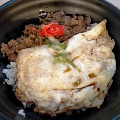 Photo of a bowl of gyudon -- beef and egg over rice