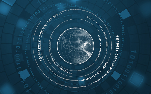 grid globe encircled with binary code