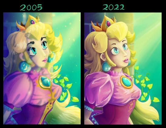 2 Princess peach fan art, The one to the left one made in 2005, right one made in 2022.