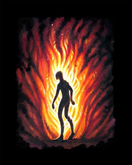 a burning human silhouette, standing surrounded by flames, apparently not bothered by them at all, judging from their stance.