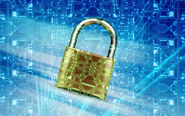 brass digital padlock with blue chip background
