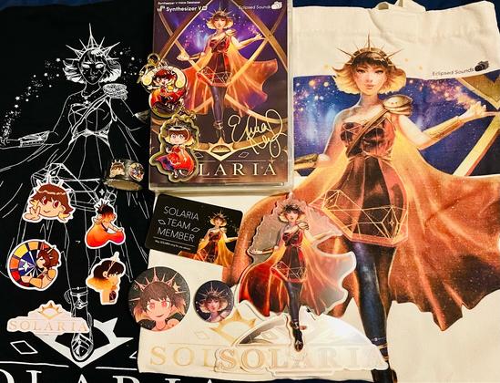 A bunch of SynthV SOLARIA merchandise, including her physical voicebank package.