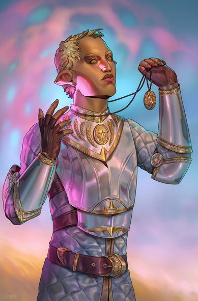 Stylized half body portrait of a half elven man. He is holding up an amulet of Pelor and looking up to the sky with a determined but calm expression.