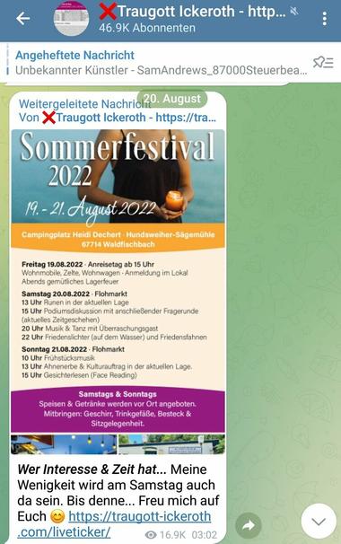 Aufruf zum Sommerfest mit Programm für die drei Tage. Beworben von Traugott Ickeroth in seinem Telegram-Kanal.