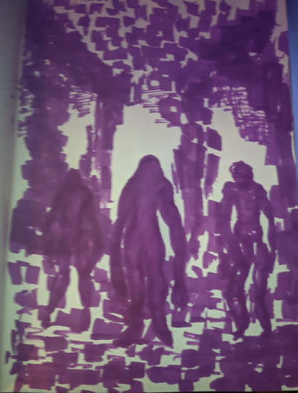 A monochrome drawing of three Dark Ones (Slenderman-like figures from the Metro franchise) encroaching upon the viewer/player in a sort of pillared cave with cobblestones at the floor and ceiling, and bright white fog in the background.
Winsor & Newton Promarker alcohol marker, Plum V735.