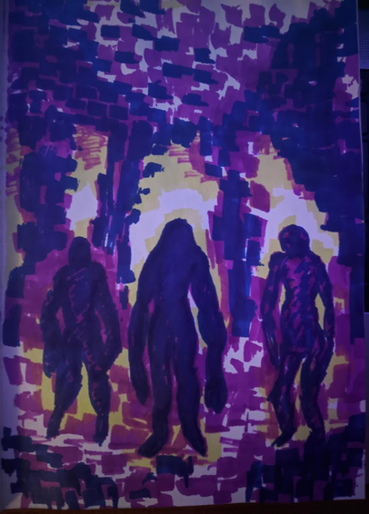 A drawing of three Dark Ones (Slenderman-like figures from the Metro franchise) encroaching upon the viewer/player in a sort of pillared cave with cobblestones at the floor and ceiling, and bright white fog in the background.
Winsor & Newton Promarker alcohol marker, Plum V735 (a light purple) for the entire scene, with yellow highlights added to the background and around the Dark Ones with Lime Zest G159, and dark blue details added to the Dark Ones and the stone pillars, flooring and ceiling with Indigo Blue V234.
