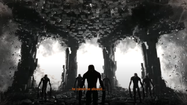 A screenshot from the PC game Metro 2033 Redux, where six Dark Ones (Slenderman-like creatures, dark appearance with very few details and long, thin, limbs) are encroaching upon the player/viewer in a telepathically created world that looks like some sort of basalt pillared cave with a bright white foggy background.
Raindrops are visible on the peripheral vision, likely on the gasmask the player is wearing.

A caption is visible in orange on the screen that reads: "... he cannot be allowed..."