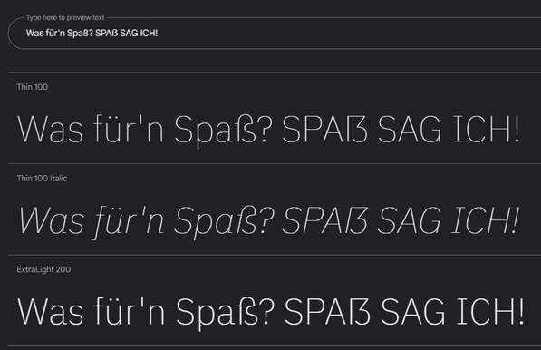 Beispielzeilen mit ß und ẞ in der Schrift "IBM Plex Sans"