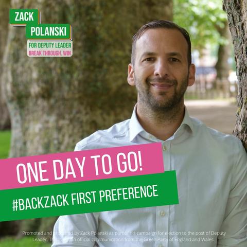A photo of Zack Polanski with the caption "One day to go! #BackZack first preference".