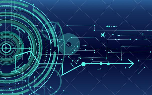 aqua-colored geometric shapes with arrow on a navy blue background