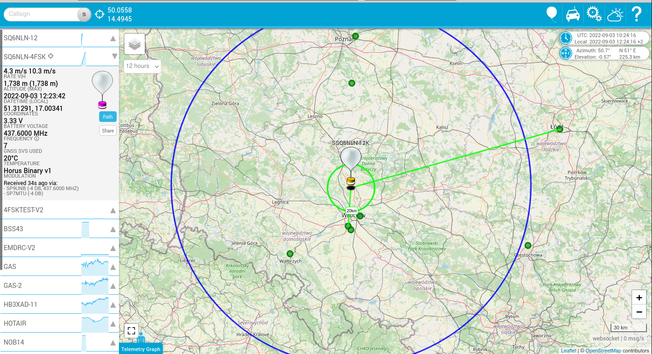 high altitude baloon SQ6NLN  equipped with live video transmission on habhyb tracking map