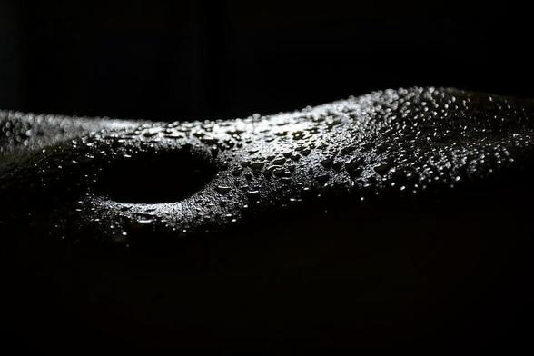 !B
The black and white picture shows a close-up of a human belly with small drops of water on it.