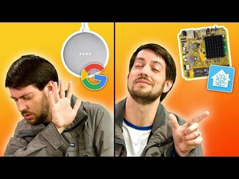 Jeff Geerling parodying the "Drake meme" turning away from a grey Smart Speaker (Dot/Nest/whatever) with an overlayed Google logo in one panel and pointing towards a circuit board with an overlayed Home Assistant logo with an approving smile in the other panel