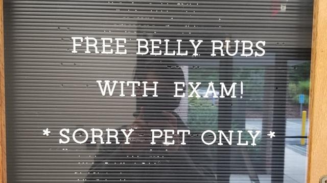 A letter board which reads "Free Belly Rubs with Exam! Sorry, pet only."