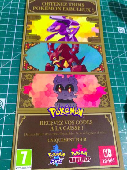 EN: A French code giveaway flyer for Genesect, Volcanion and Marshadow in Sword & Shield

FR: Un flyer pour la campagne cadeau pour codes de Genesect, Volcanion et Marshadow en Épée + Bouclier