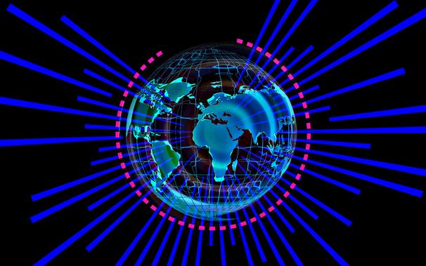 grid globe encircled by pink and blue lines