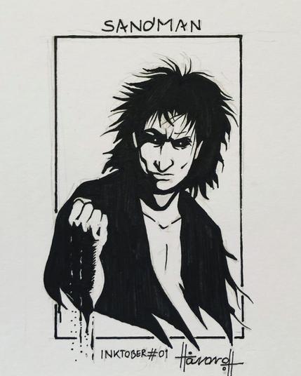 An ink drawing of Neil Gaiman’s Sandman, looking at the viewer, clutching sand while it pours from between his fingers.