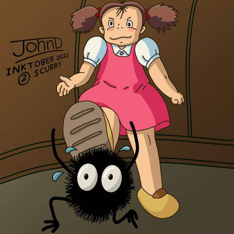 Mei from My Neighbour Totoro nearly steps on a soot sprite who scurries away in fear.