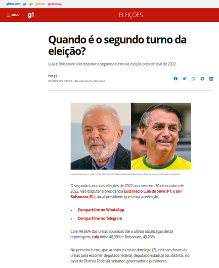 g1: Quando é o segundo turno da eleição?
