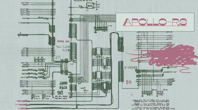 many scribbles in plant leaf green over something that resembles machine schematics. a bold, all cap sign in pink reads "apollo-rs"