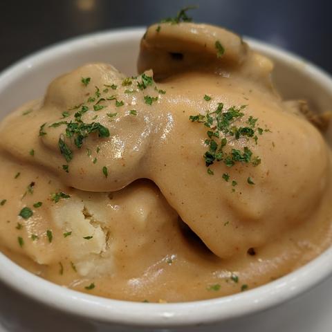 Mashed potato with mushroom sauce captured with Google Pixel 6 in Bangkok Thailand