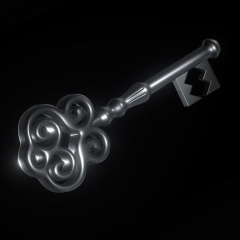 Old-style/fantasy silver key with spiral designs in the handle, textured details on the shaft.