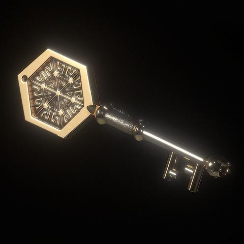 Old-style/fantasy brass key with elaborate hexagonal key pattern design in the handle, textured details on the shaft.