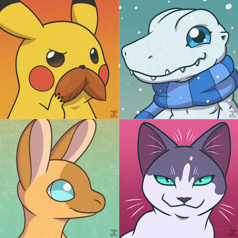Four headshots of different characters in a square. The top left is pikachu with a mustache, the top right is YukiAgumon with a blue striped scarf, the bottom left is an OC that belongs to EllieJayBird, and the bottom right is my gray and white cat.