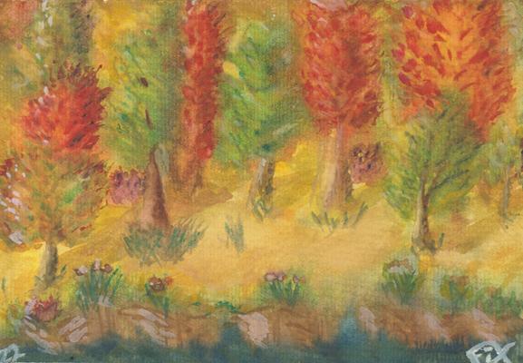 Scan of a aquarelle painting inspired by Baldur's Gate: a sand path in between a mostly golden / fiery autumn coloured forest and a cliff.