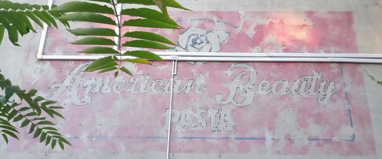A fading red American Beauty Pasta mural on the side of a building overlooking a vacant lot in the Columbia Street Waterfront District neighborhood of Brooklyn, NYC.