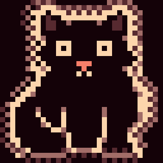 A 32x32 pixel art illustration of a black cat on a black background, silhouetted by light dithering.
