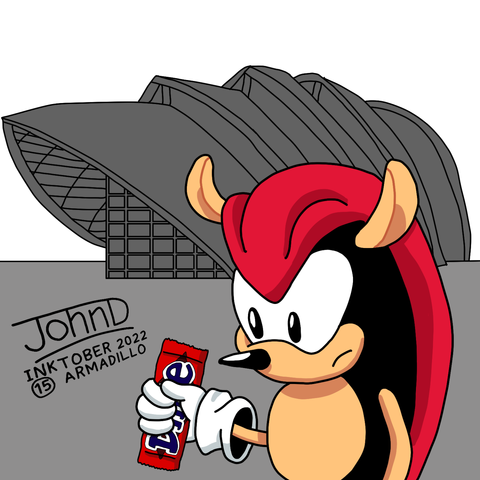 Mighty Armadillo from the Chaotix crew stands outside the Glasgow SEC (previously SECC) Armadillo, looking at a Dime bar (now known as Daim bar) thinking about how they are soft on the outside and crunchy in the middle, the exact oposite of himself.
