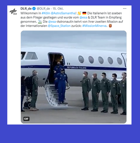 Anreise mit Empfang

Die Astronautin der ESA
aus Italien auf Stippvisite in
Kölner Region
EAC Astronautenzentrum der ESA nach Angabe das Ziel

Credit Tweet DLR 15.Oktober 2022
-> KÖLN Welcome Zeremonie für Exp67 Astronautin