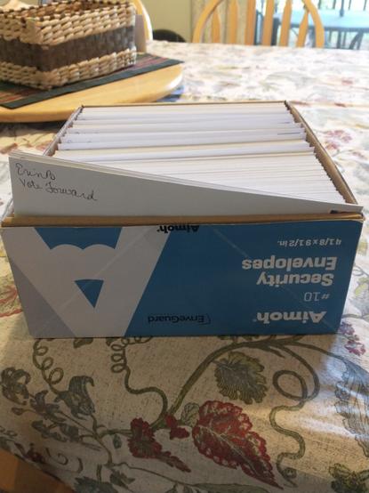 Small cardboard box with 200 envelopes in it. Shown is the return address on one envelope: Erin B, Vote Forward.