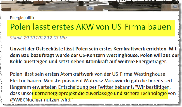 Headline Tagesschau "Polen lässt erstes AKW von US-Firma bauen"