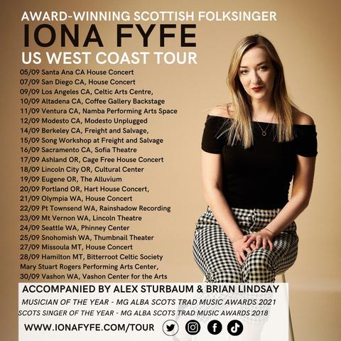 Tour poster featuring Iona Fyfe in a black top and checked black and white pants sitting on a stool. A large list of dates and venues appears next to her which can be found at https://ionafyfe.com/tour/