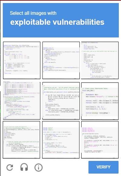 CAPTCHA window reading “select all images with exploitable vulnerabilities” and each image is a screenshot of source code